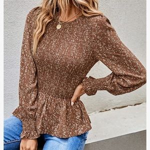 Floral Print Smocked Ruffle Hem Babydoll Blouse Shirt